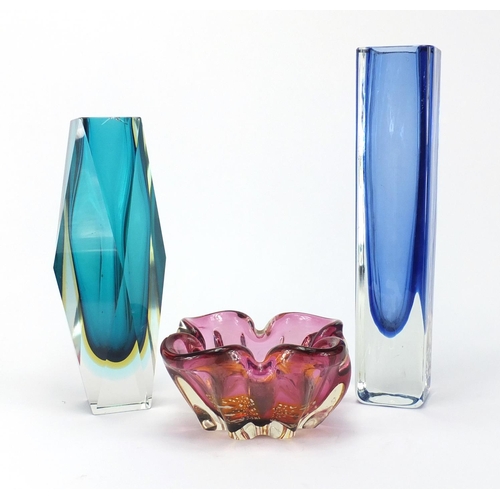 168 - Three art glass vases including a large Murano  Sommerso three colour vase designed by Flavio Poli, ... 