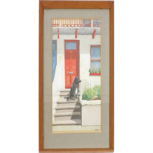 146 - V Watson - Dog seated on steps before house, pointillism, mounted and framed, 58cm x 27cm