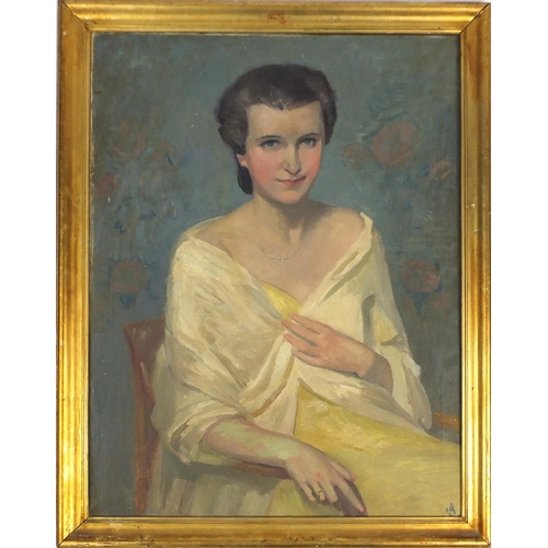 145 - Portrait of a seated lady, oil on canvas, gilt framed, 84cm x 64cm