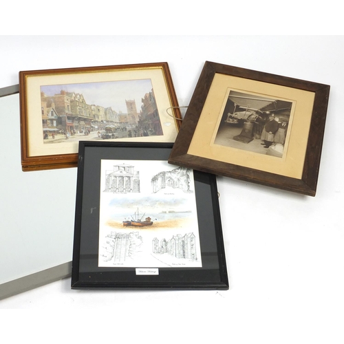 340 - Four pictures and a mirror comprising Historic Hastings, photograph of Scottish Granulated Sugar, Su... 