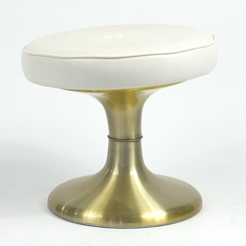 104 - Circular cream leather and polished metal stool, 41cm high x 48cm in diameter