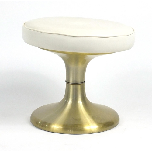 104 - Circular cream leather and polished metal stool, 41cm high x 48cm in diameter