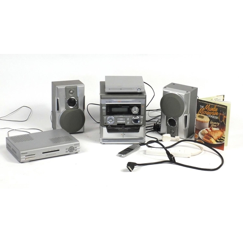 197 - Alba mini hi-fi system with speakers, a Panasonic Sky box and a DVD player