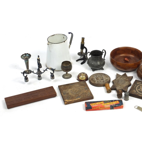 606 - Sundry items including mantel clock, treen items, vintage games, enamelled jug and microscope