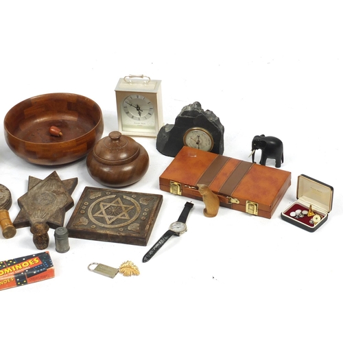 606 - Sundry items including mantel clock, treen items, vintage games, enamelled jug and microscope