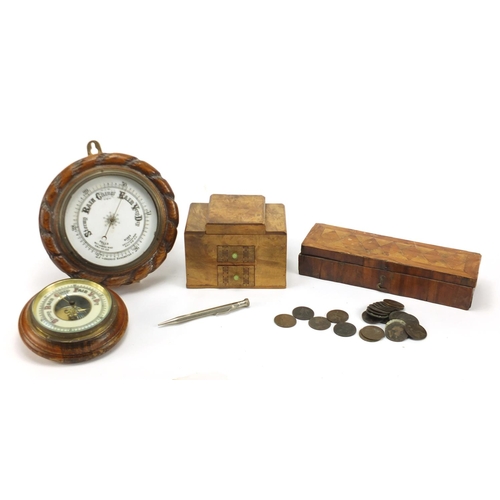203 - Sundry items including two circular oak barometers, Art Deco jewellery box and an inlaid pen box
