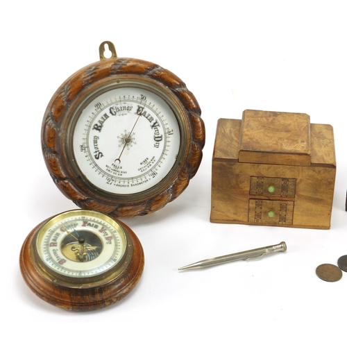 203 - Sundry items including two circular oak barometers, Art Deco jewellery box and an inlaid pen box