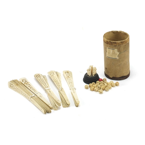 408 - Group of Chinese ivory and bone beads, fan sticks and three wise monkey's