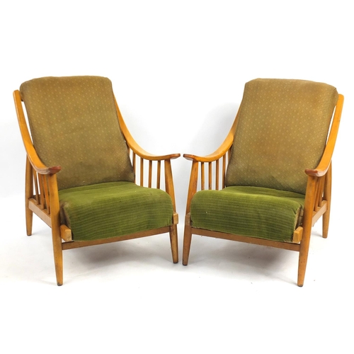 25 - Pair of vintage light wood framed armchairs with green upholstery, 90cm high