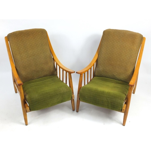 25 - Pair of vintage light wood framed armchairs with green upholstery, 90cm high