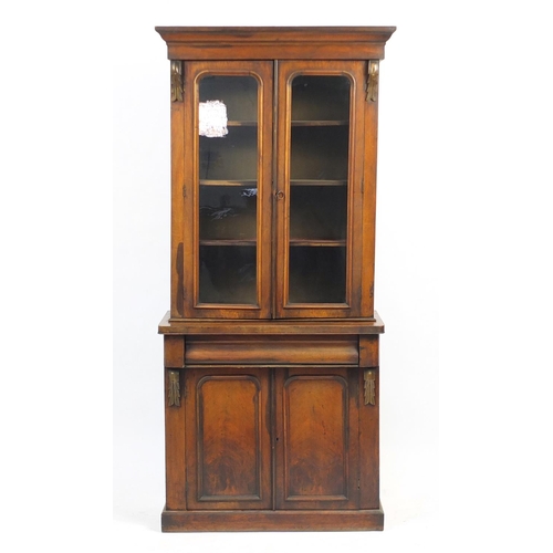 5 - Victorian mahogany display case with a pair of glazed doors, enclosing three shelves above a frieze ... 