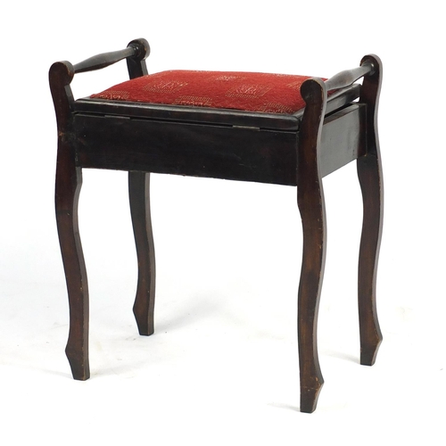51 - Victorian mahogany piano stool with lift up seat, 60cm H x 52cm W x 33cm D