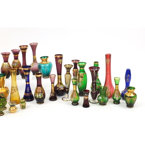 262 - Collection of colourful glass vases and Carnival glass, some with silver overlay and hand painted wi... 