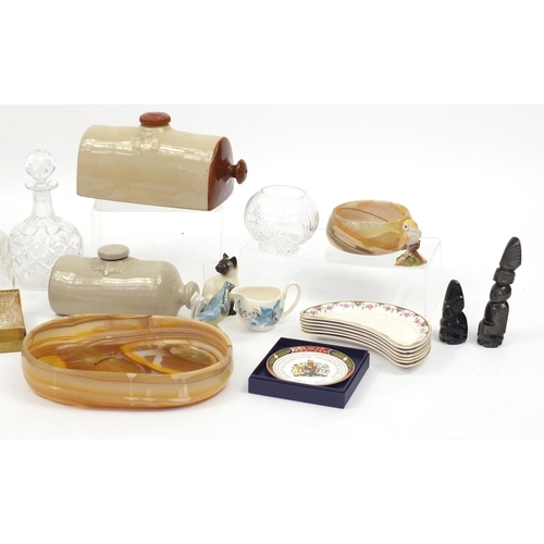 592 - China and glassware including cut glass decanters, stoneware hot water bottles, Poole dolphin and Br... 