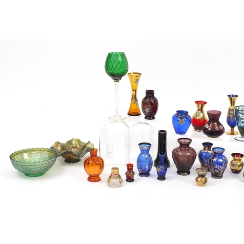 266 - Colourful glass vases some with silver overlay, hand painted with flowers, Carnival glass and glass ... 