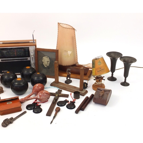 619 - Wooden and metalwares including vintage radio, bowls, leather whip, table lamp and pair of Cairo War... 