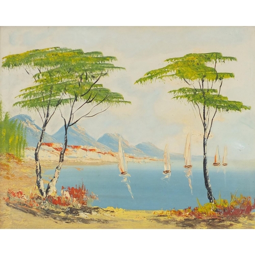 147 - Continental harbour, oil on canvas, framed, 48cm x 38cm