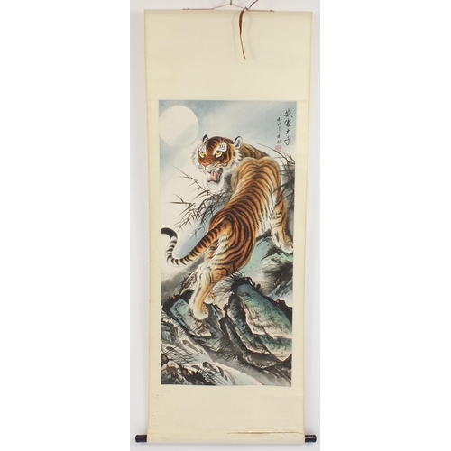 73 - Chinese wall hanging scroll hand painted with a tiger, with character marks and red seal marks, 94cm... 