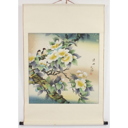 74 - Chinese wall hanging scroll hand painted with two birds on a branch and flowers, character marks and... 
