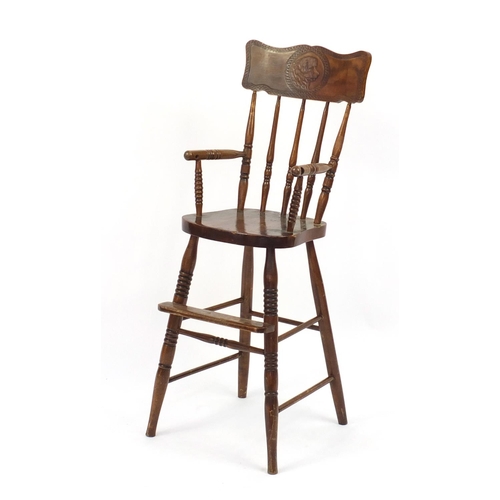 88 - 19th century mahogany child's highchair with poker work decoration, 95cm high