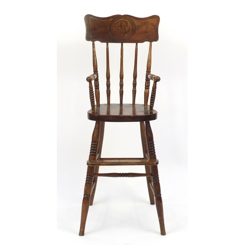 88 - 19th century mahogany child's highchair with poker work decoration, 95cm high