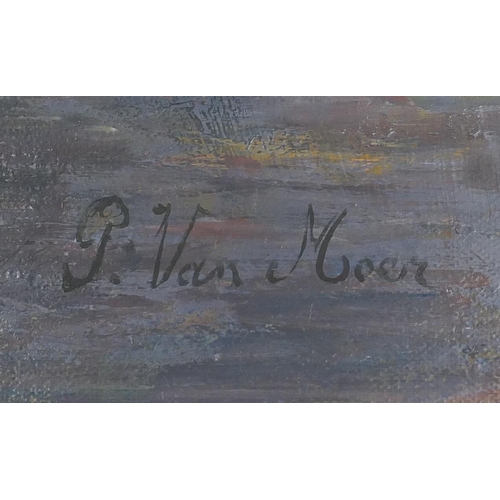 116 - Fishermen in a boat, Dutch school oil on canvas, bearing a signature P Van Moer, unframed, 74cm x 59... 