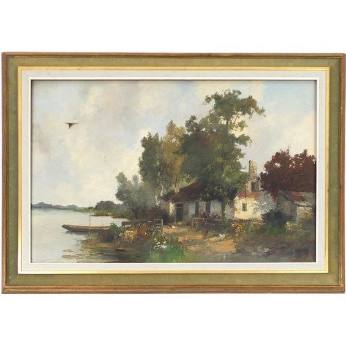 247 - Cottage beside a river, oil on canvas, bearing a signature possibly C Monkonton, framed, 93cm x 61cm