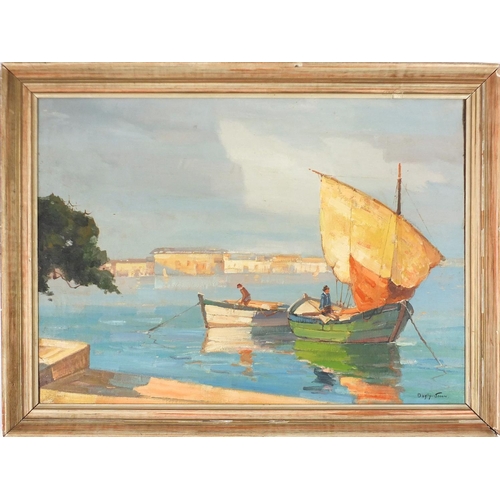 331 - After D'Oyly-John - Continental boats on a lake before buildings, oil on canvas, framed, 68cm x 50cm