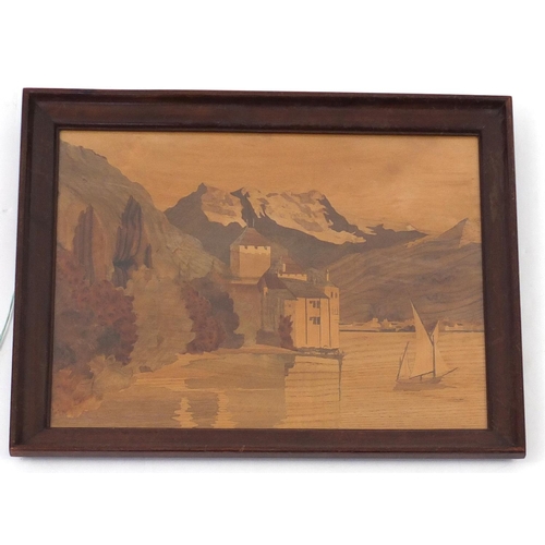 555 - Inlaid parquetry panel, continental buildings beside a lake, framed, 38cm x 29cm