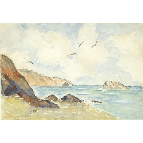 280 - Rocky coastline, watercolour, mounted and framed, 32cm x 22cm