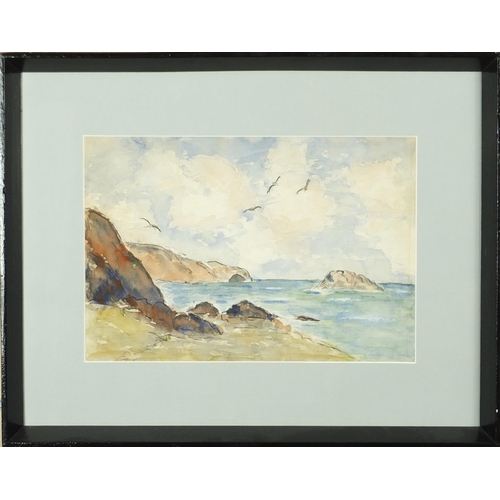 280 - Rocky coastline, watercolour, mounted and framed, 32cm x 22cm