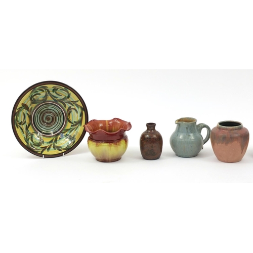 466 - Art pottery including a Bretby planter, Upchurch vase and a Denby charger