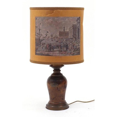 155 - Fruitwood table lamp with French Port de Marseille shade, 66cm high