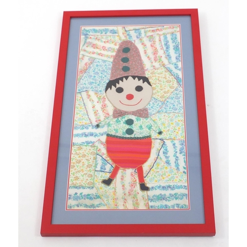 334 - Decorative patchwork and needlework picture of a clown, mounted and framed, 84cm x 42cm