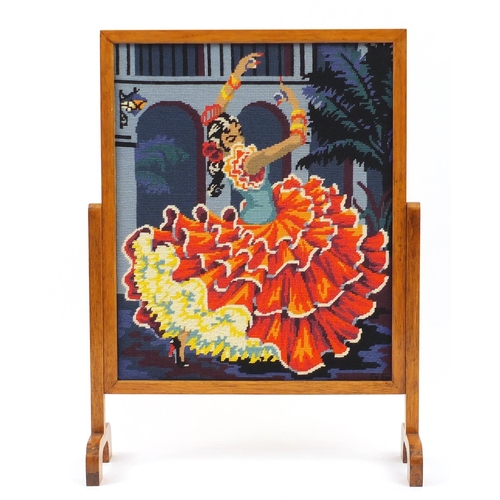 123 - Oak fire screen with tapestry flamenco dancer, 72cm high