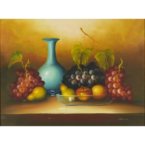81 - Still life fruit and vessels, two oil on canvases, one bearing an indistinct  signature, each framed... 
