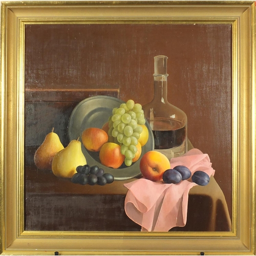81 - Still life fruit and vessels, two oil on canvases, one bearing an indistinct  signature, each framed... 