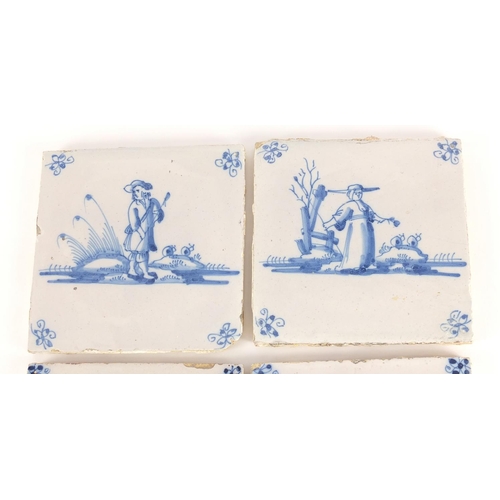 546 - Four 19th century delft tiles hand painted with figures, each 13cm x 13cm