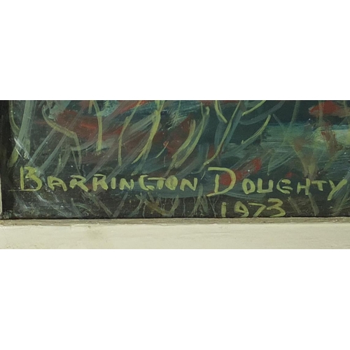82 - Barrington Doughty 1973 - Stream through woodland, oil on board, framed, 60cm x 45cm