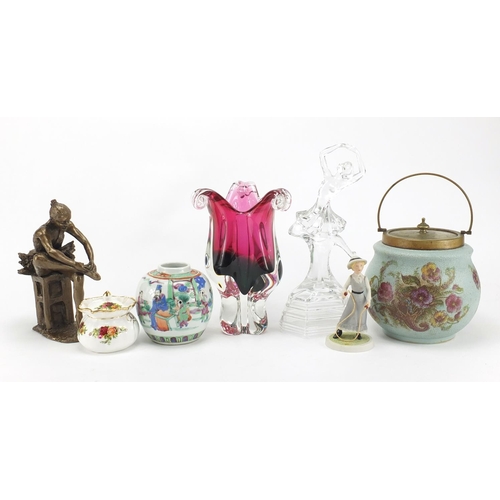 497 - China and glassware including a Carlton Ware biscuit barrel, art glass vase, Wedgwood figurine and b... 