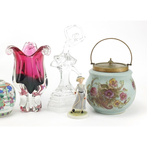 497 - China and glassware including a Carlton Ware biscuit barrel, art glass vase, Wedgwood figurine and b... 