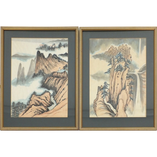 279A - Chinese landscapes, pair of watercolours, mounted and framed, each 54cm x 40cm