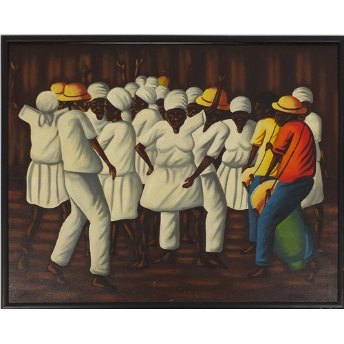 150A - African figures dancing, oil on board, bearing a signature Roberto Haiti, framed, 97cm x 73.5cm
