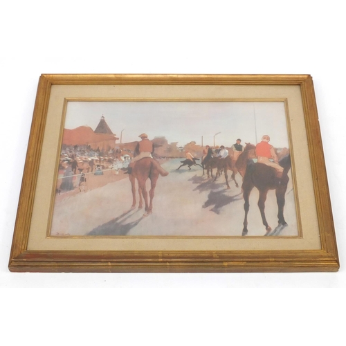 249 - Jockeys on horseback, coloured print, mounted and framed, 68cm x 48cm