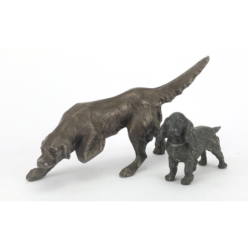 380 - Silver plated model of a retriever and a spaniel, the largest 22cm in length