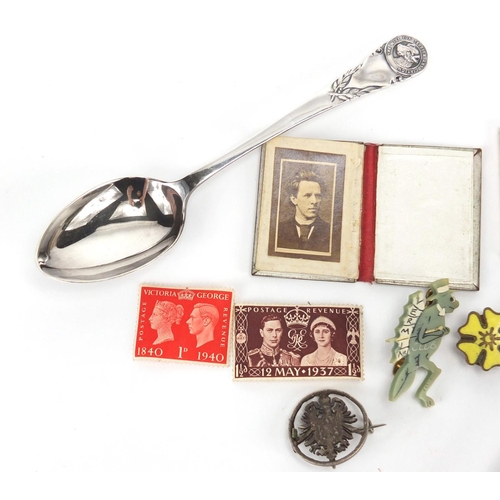 417 - Objects including a silver teaspoon, a ABL hunting knife and a vintage Vermin Club badge