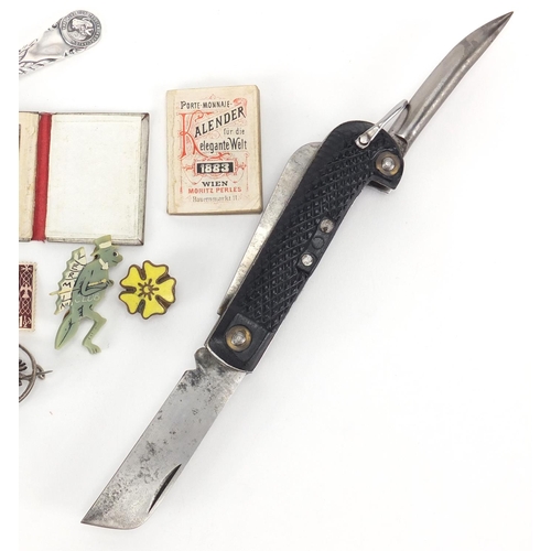 417 - Objects including a silver teaspoon, a ABL hunting knife and a vintage Vermin Club badge