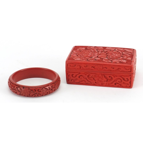 420 - Chinese cinnabar lacquer box and cover and bangle, the box 10.5cm wide