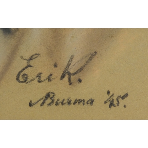 578 - Head and shoulders portrait, pastel on paper, bearing a signature possibly Erik Burma '45, unframed,... 