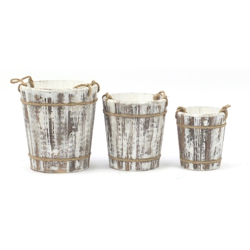 623 - Graduated set of three shabby chic wooden buckets with rope handles, the largest 45cm high x 32cm in... 
